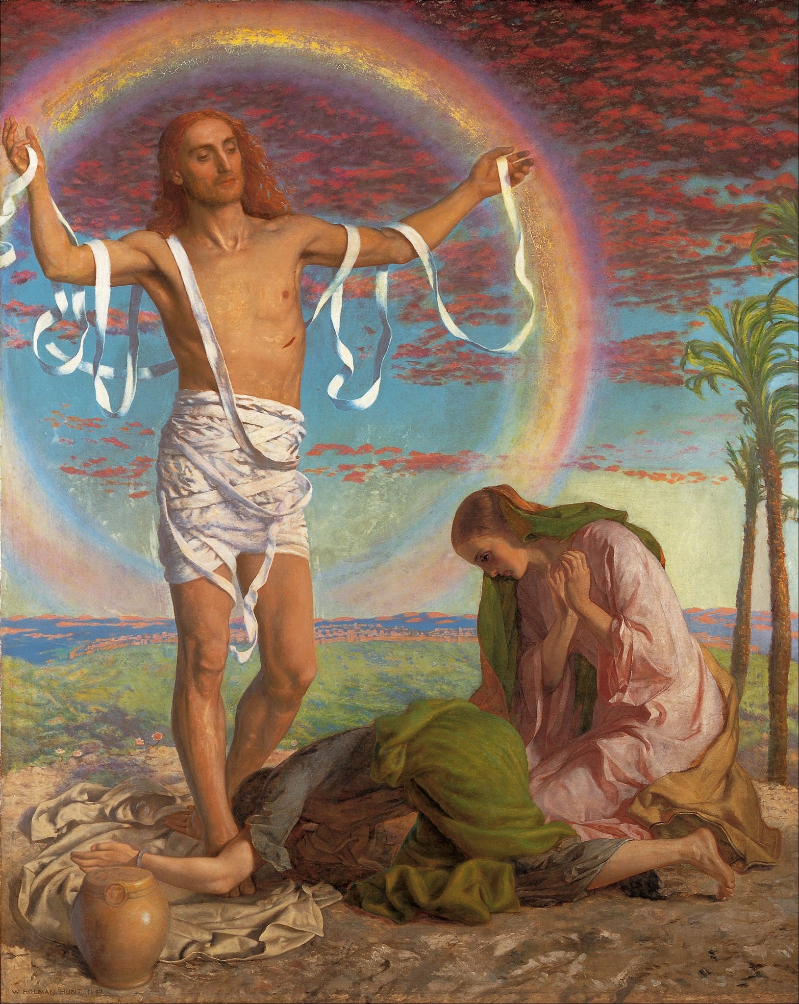 Christ stands on the left with both arms extended, white strips of burial cloth hanging in loose curves from them. A broad rainbow-like ring surrounds his head and upper body beneath a red-clouded sky.