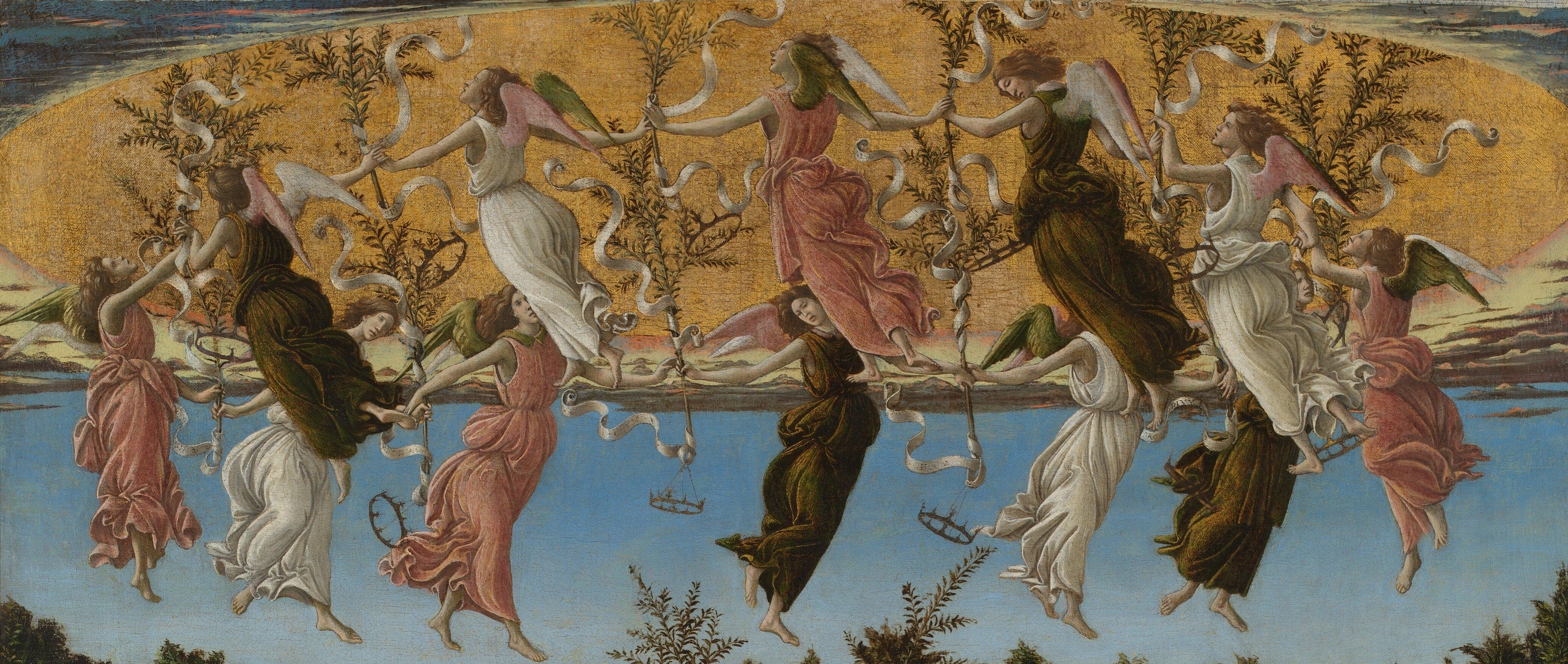 Twelve angels dance in a ring under a golden opening in heaven, with olive branches, ribbons and crowns.