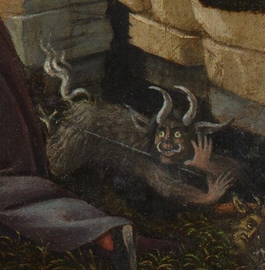 A small horned devil at the lower right looks out beneath a rock beside an embracing man and angel.