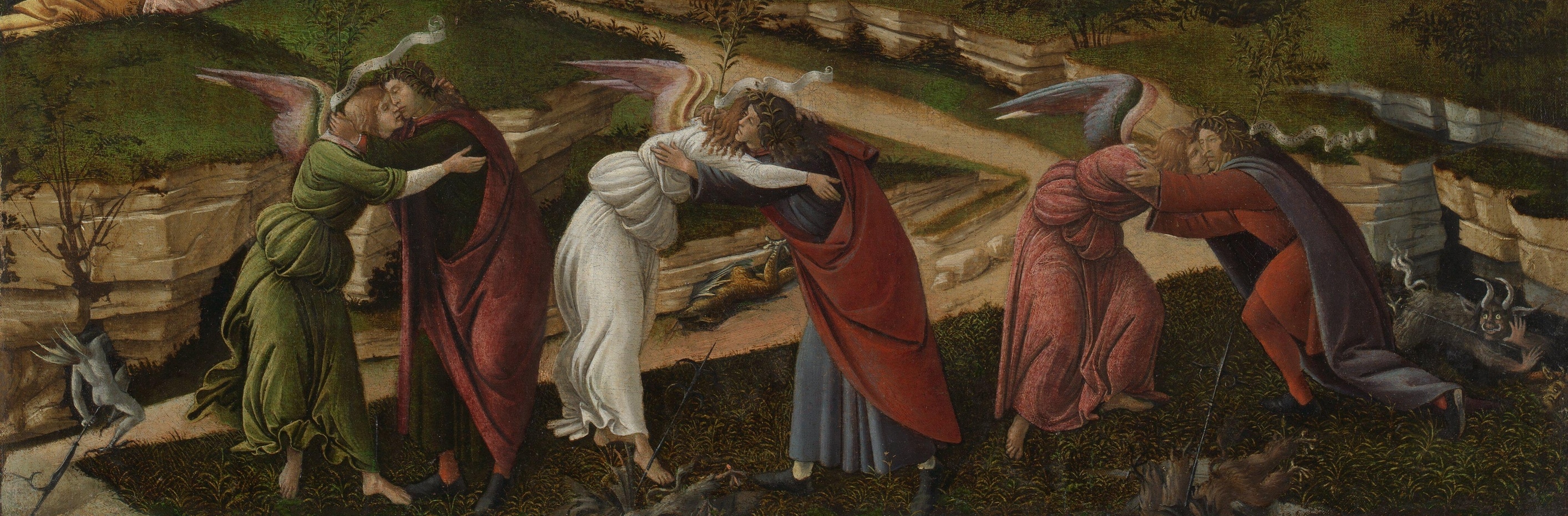 Three pairs of angels and men embrace while small devils retreat near their feet.