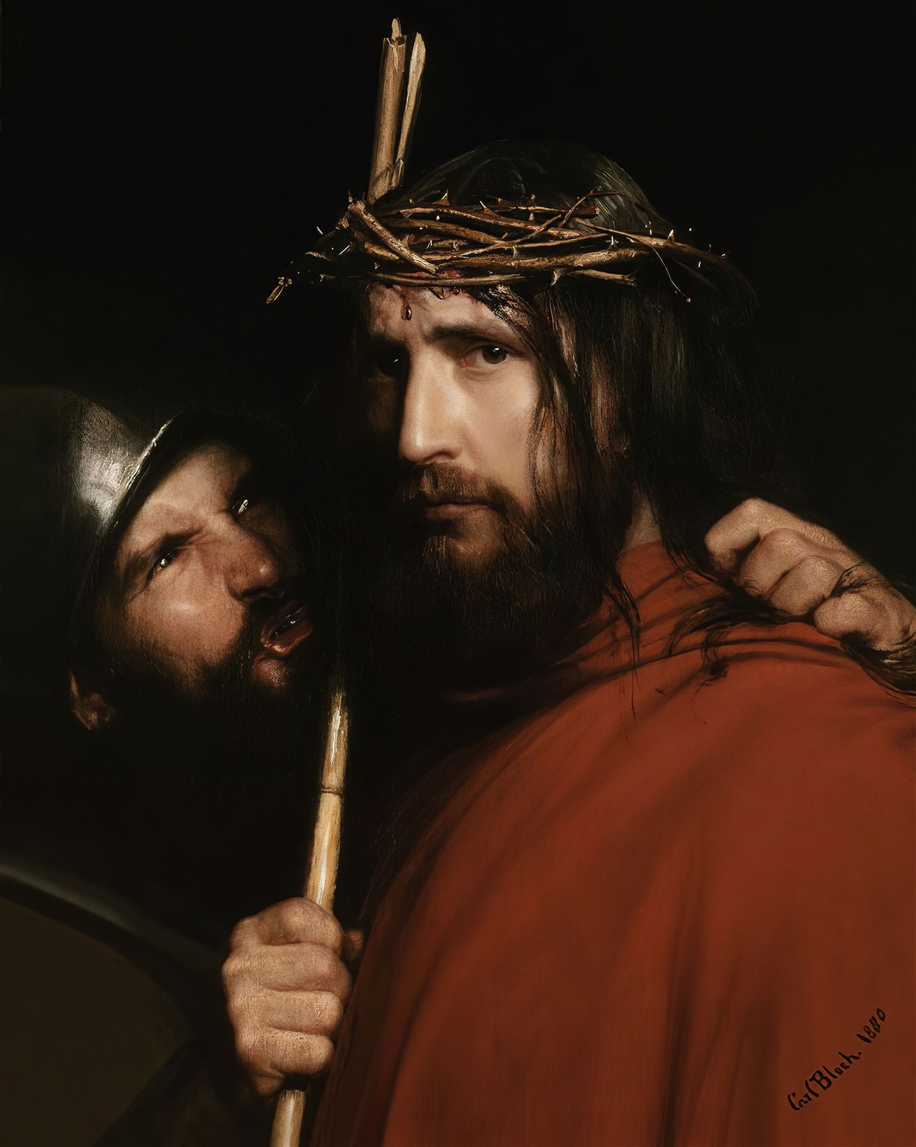 The Mocking of Christ by Carl Bloch, with a tormentor beside Jesus wearing the crown of thorns