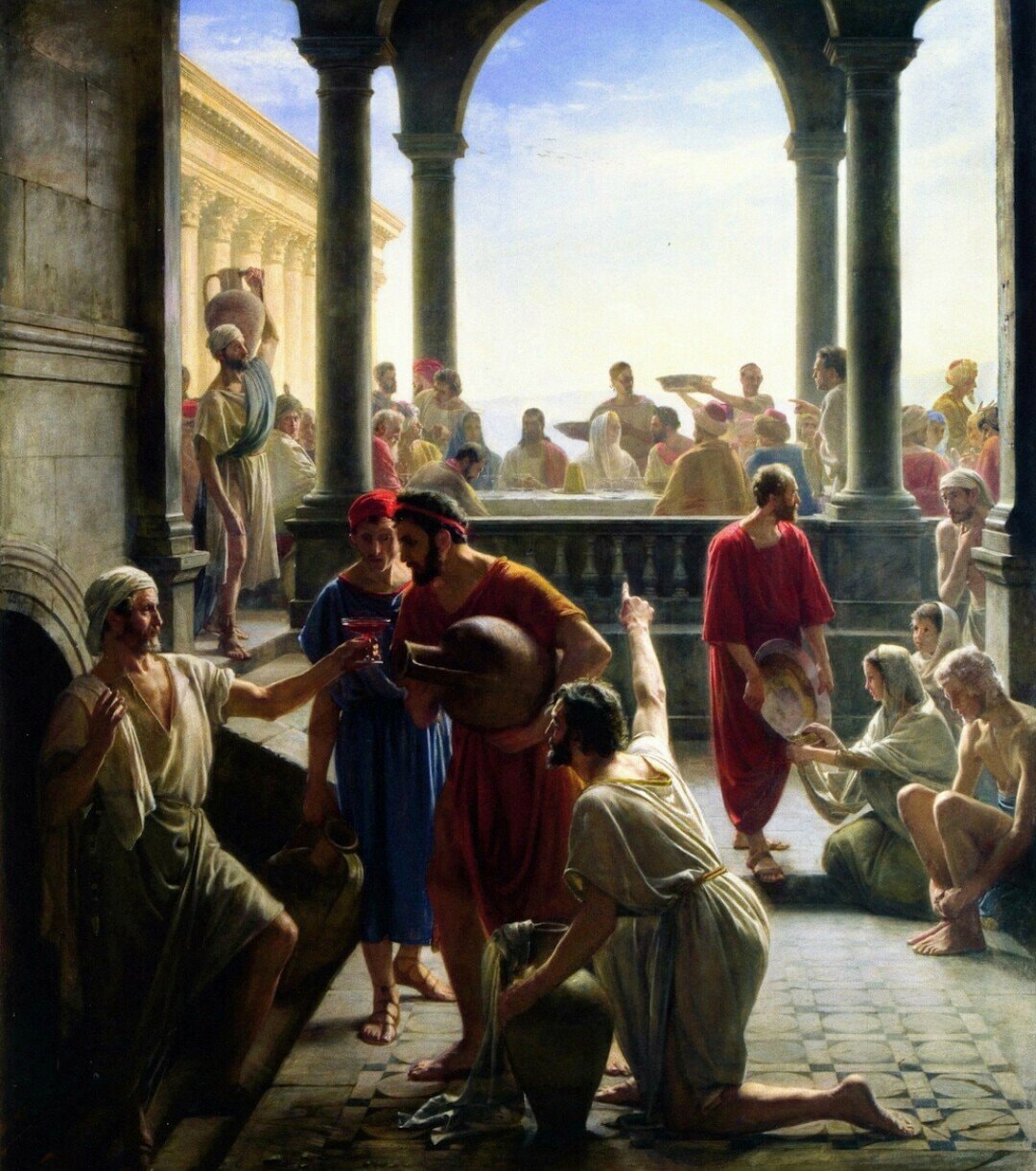 The Wedding at Cana by Carl Bloch, with servants and water vessels before an open banquet hall