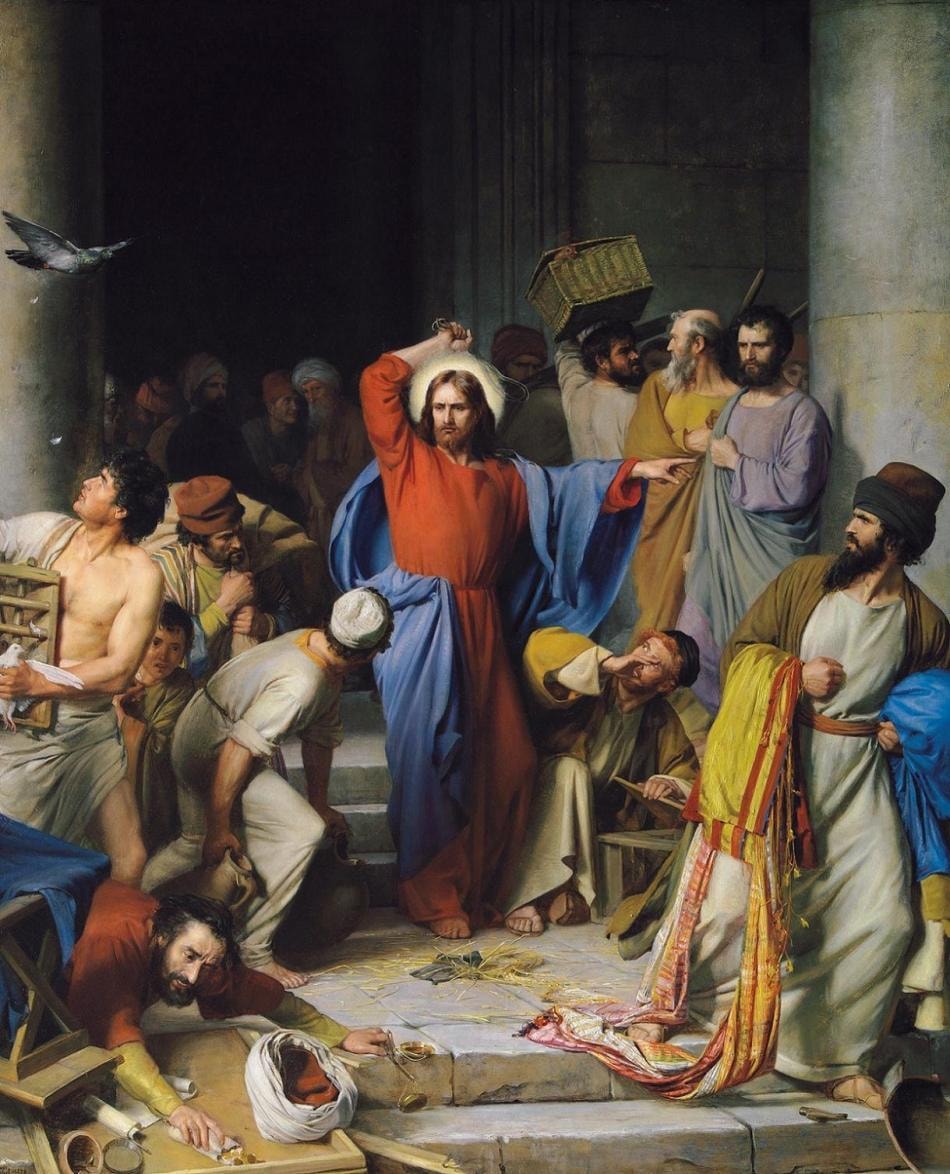 Jesus Cleanses the Temple by Carl Bloch, with Christ raising his arm amid recoiling figures