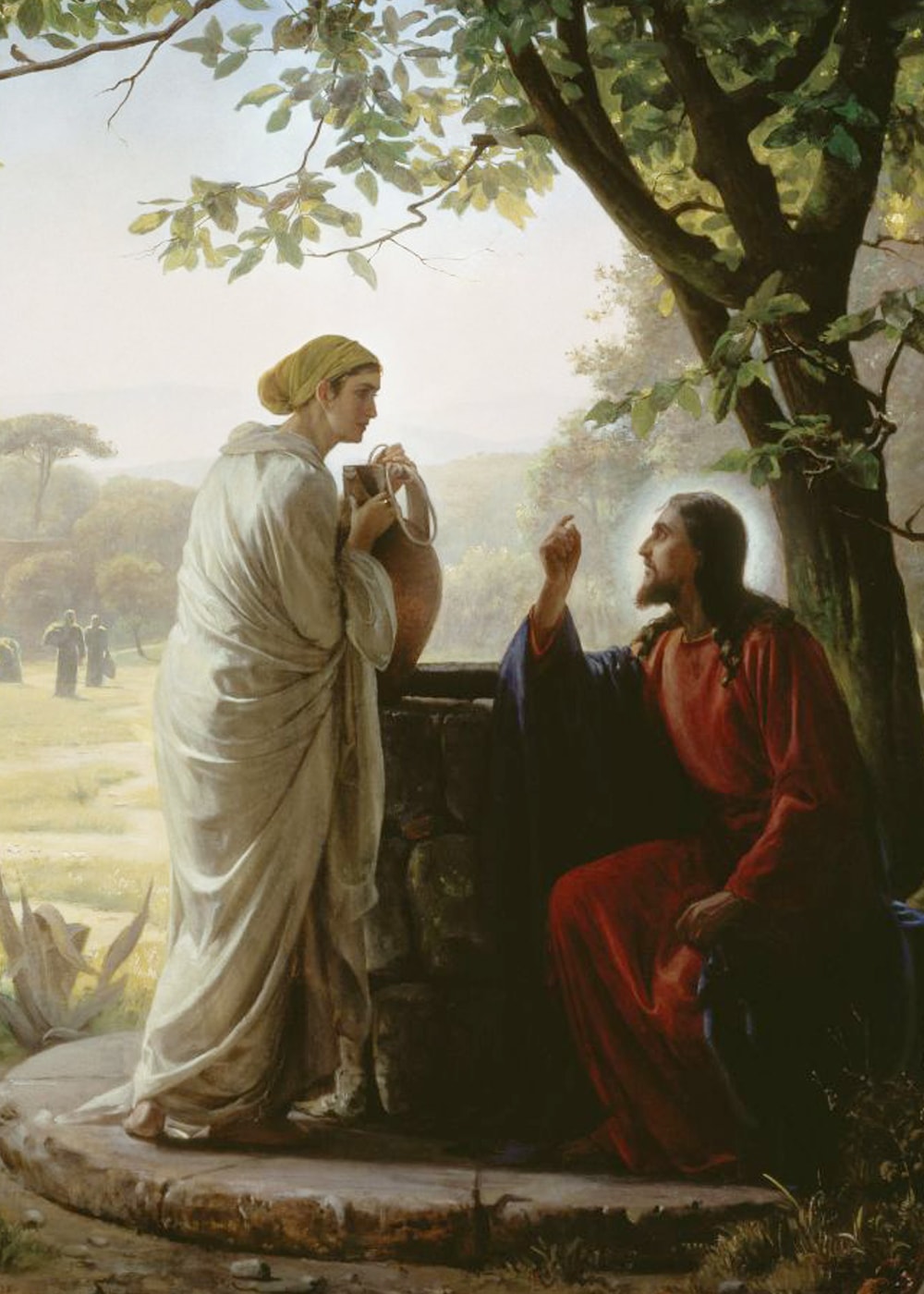 Woman at the Well by Carl Bloch, with Jesus seated opposite a Samaritan woman beneath a tree