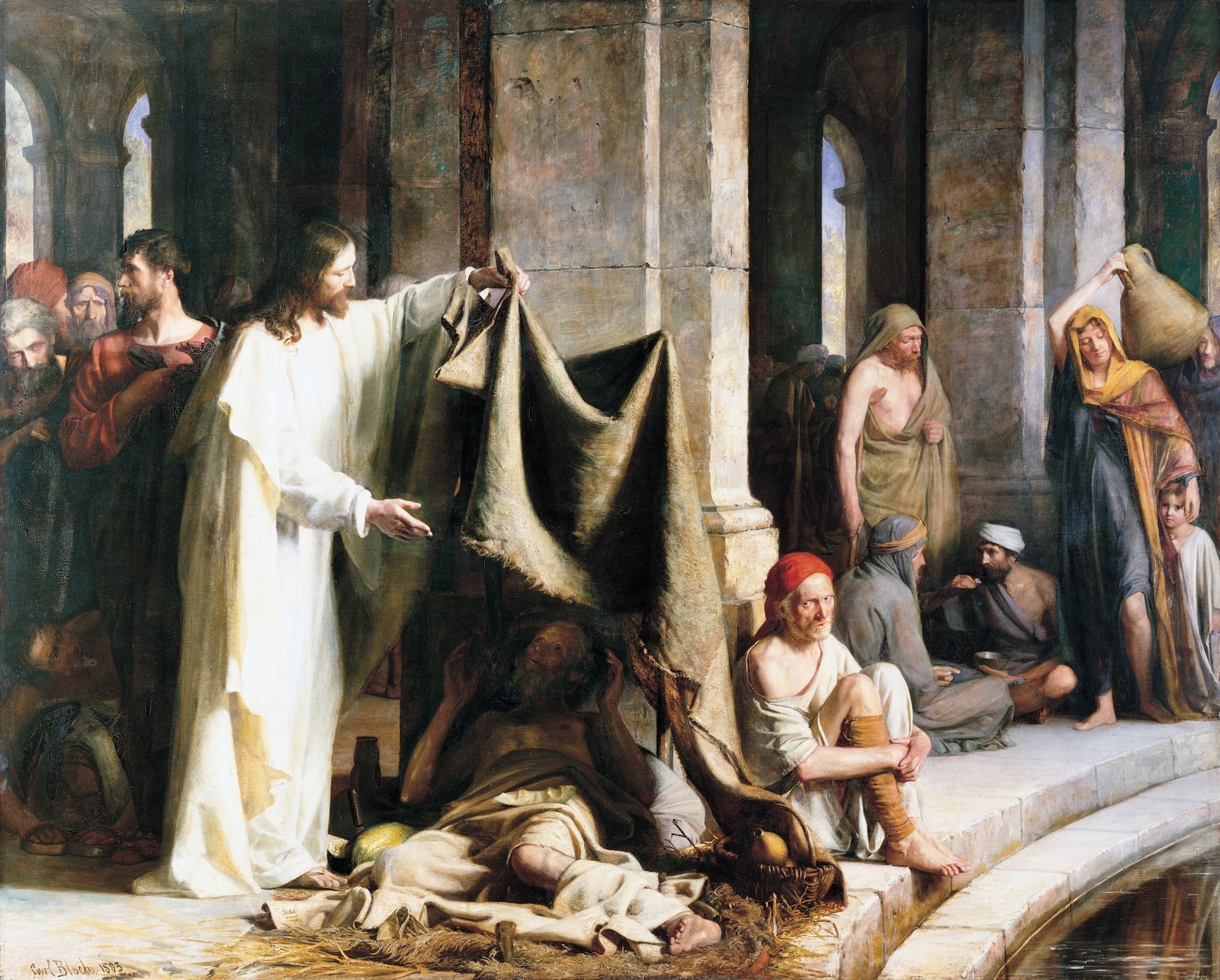 Christ Healing the Sick at Bethesda by Carl Bloch, with Jesus lifting a covering beside the pool