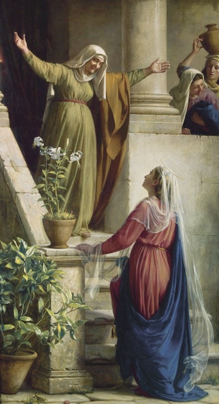 The Visitation by Carl Bloch, with Elizabeth welcoming Mary on a stairway