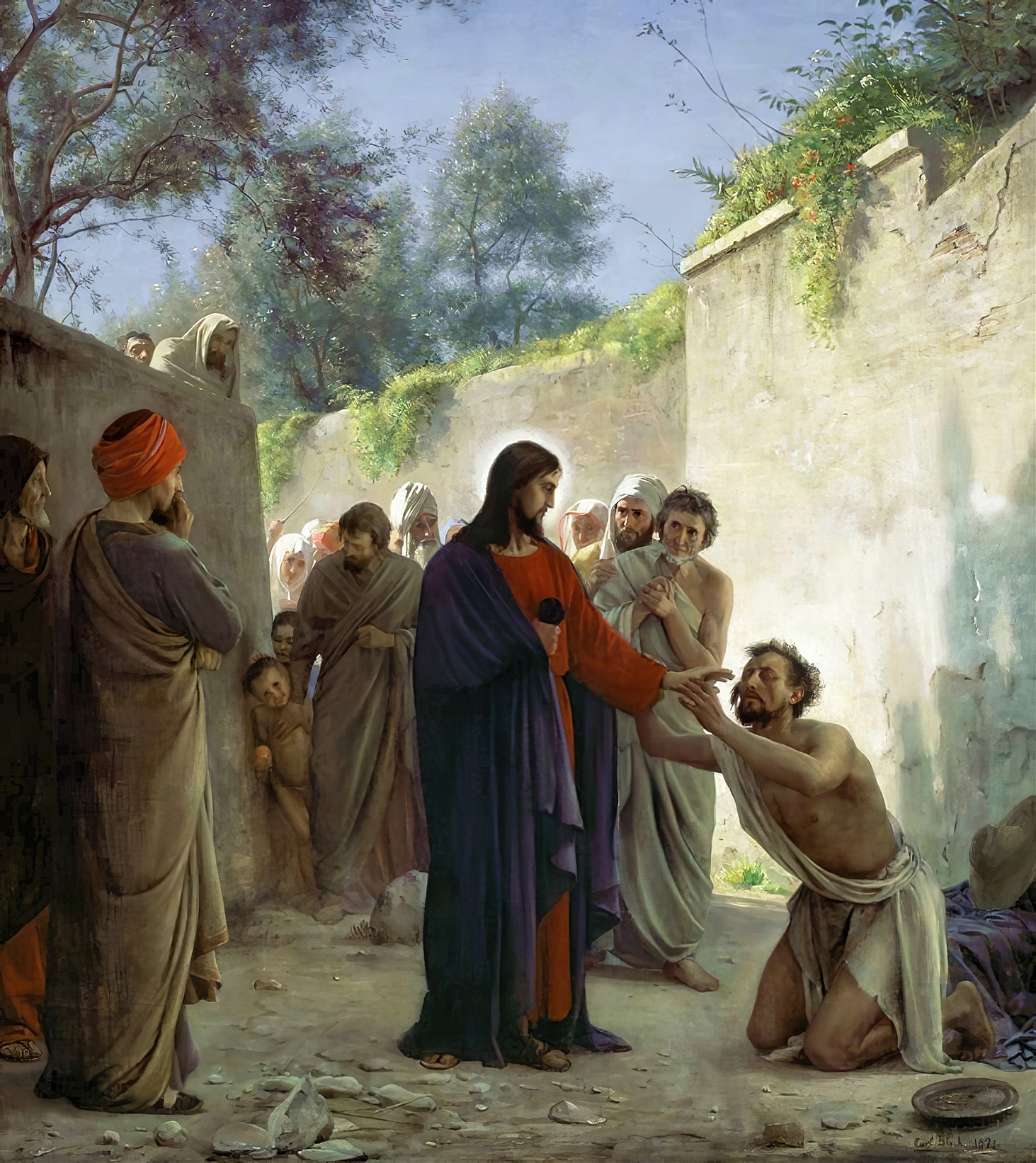 Christ Healing the Blind by Carl Bloch, with a kneeling man reaching toward Jesus on a road