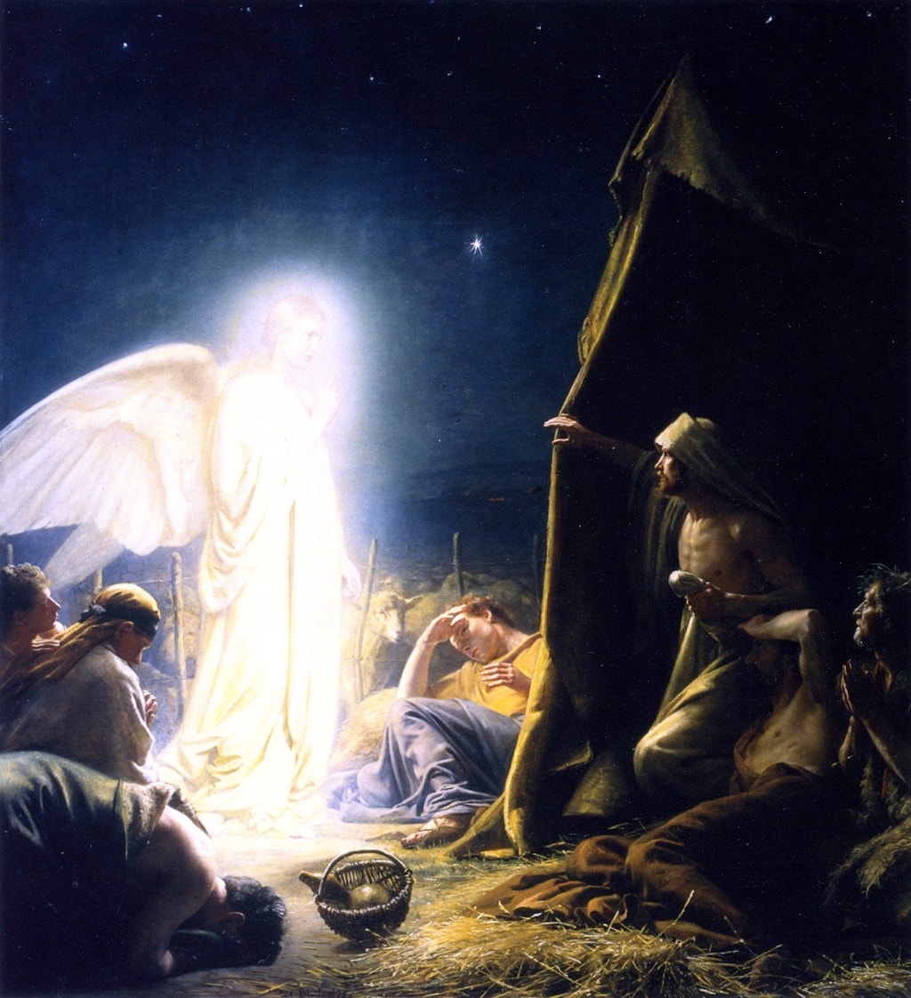 The Annunciation to the Shepherds by Carl Bloch, with a radiant angel appearing at night