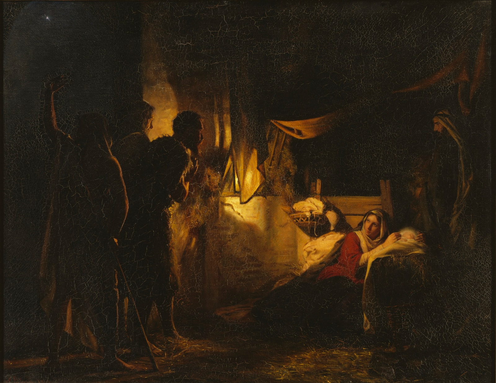 The Adoration of the Shepherds by Carl Bloch, with figures gathering around the infant Jesus in a dark interior