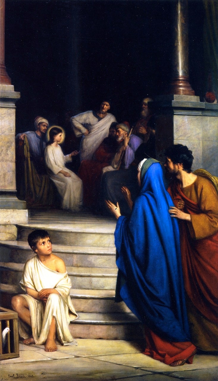 Jesus Found in the Temple by Carl Bloch, with Jesus seated among teachers above the steps