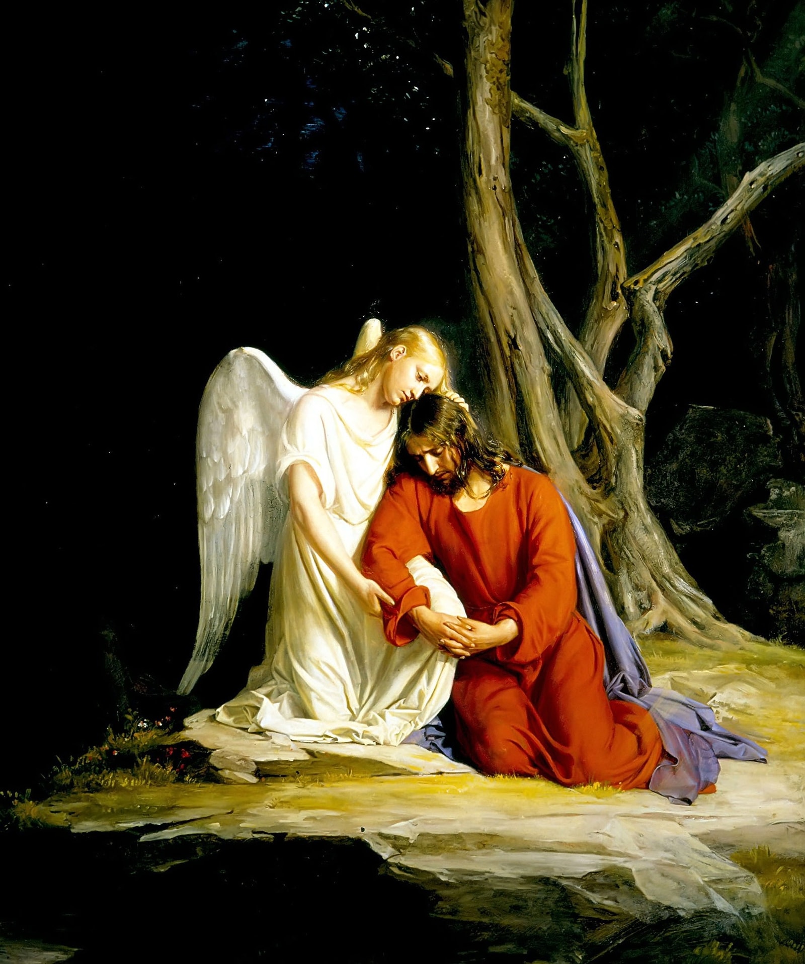 Gethsemane by Carl Bloch, with an angel supporting Jesus beneath bare branches