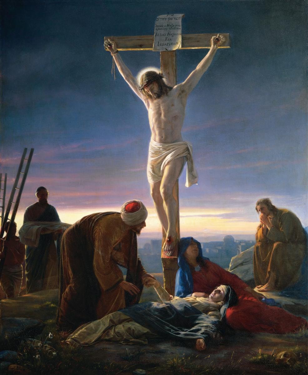 The Crucifixion by Carl Bloch, with mourners beneath Christ’s cross against a darkening sky