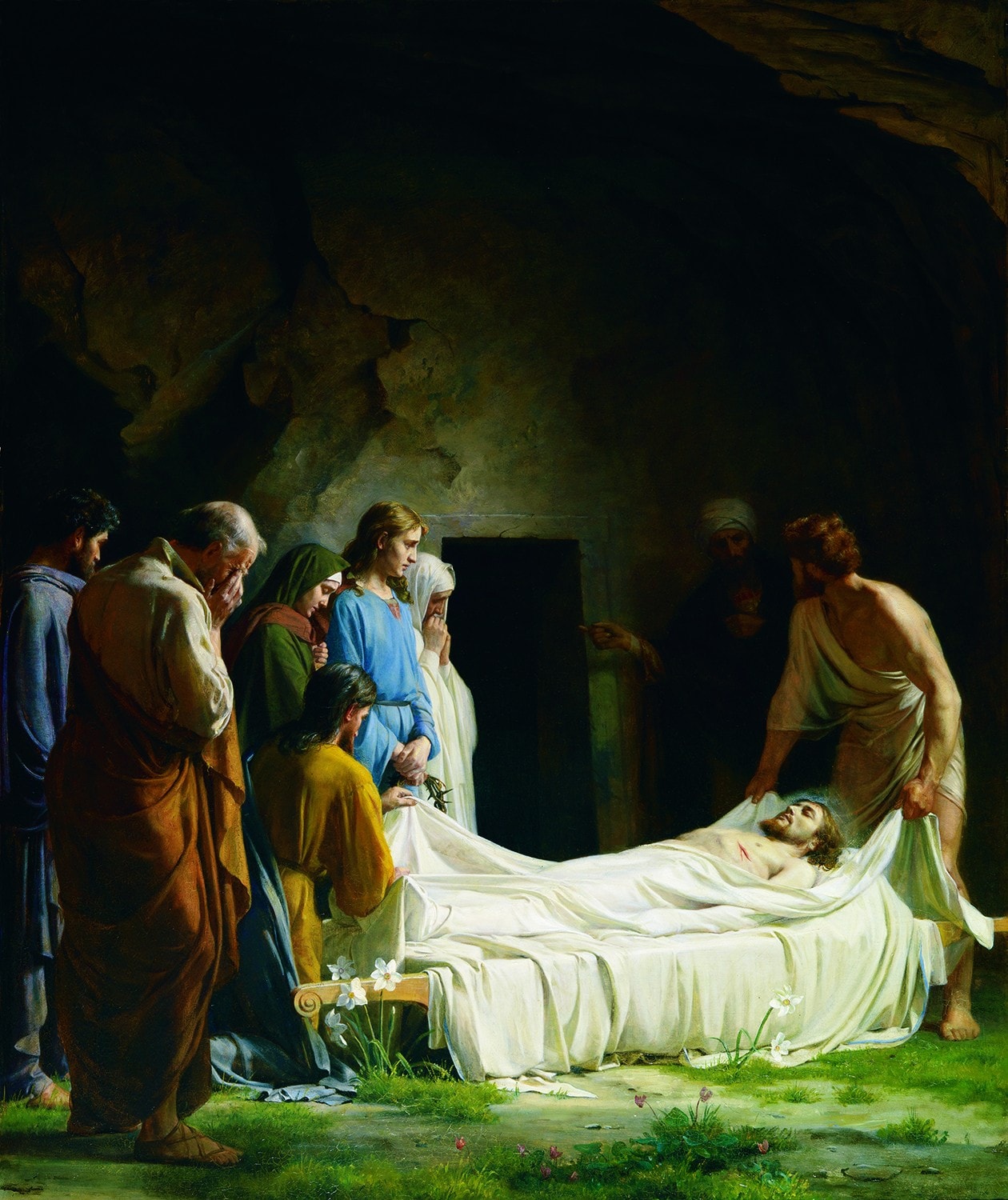 The Entombment by Carl Bloch, with mourners tending Christ’s body and its pale shroud