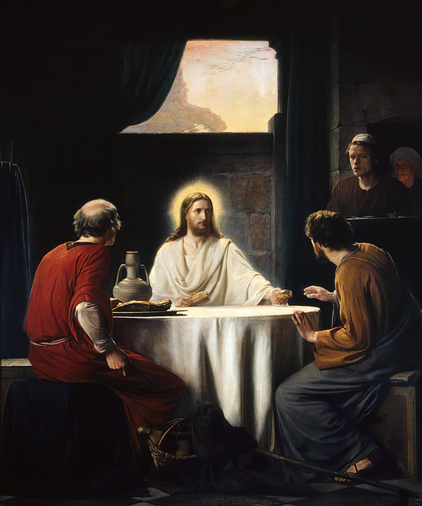 Supper at Emmaus by Carl Bloch, with the risen Jesus seated between two disciples