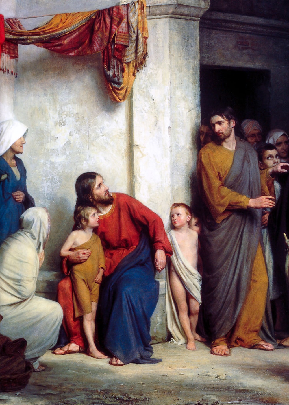 Let the Little Children Come unto Jesus by Carl Bloch, with seated Jesus holding children close