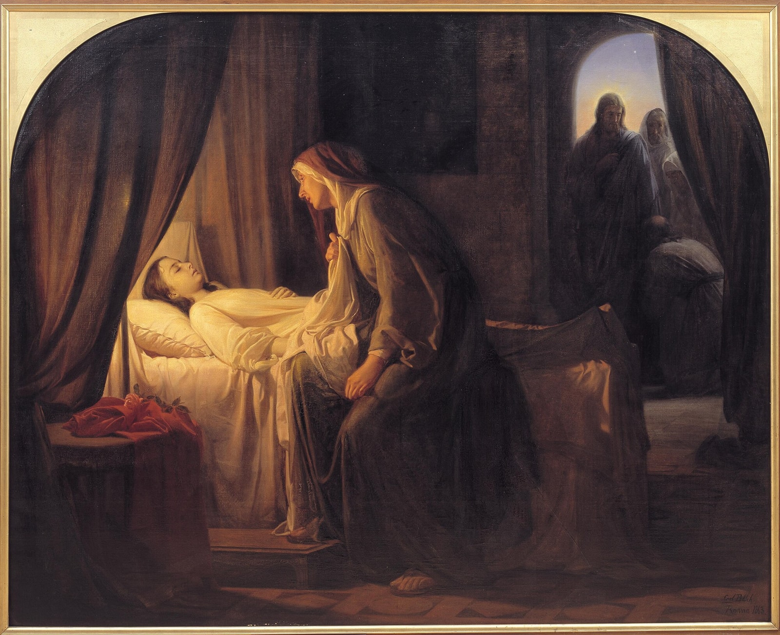 The Daughter of Jairus by Carl Bloch, with a woman beside the child and Jesus entering through a rear doorway