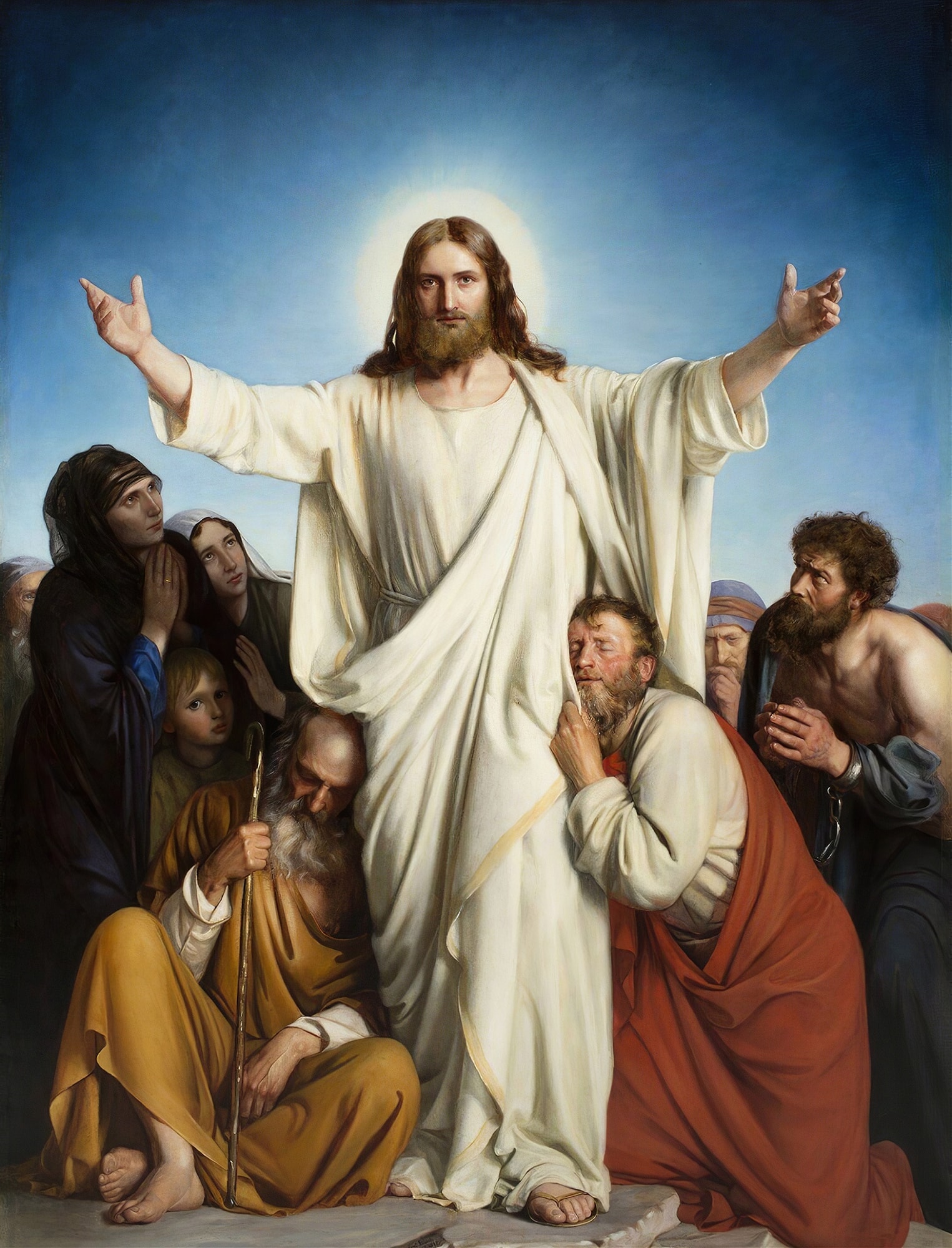 Christus Consolator by Carl Bloch, with Christ opening his arms above a gathering of burdened people