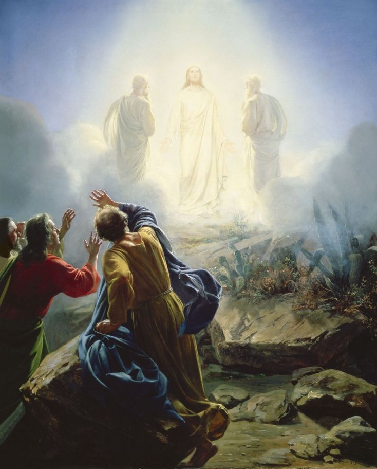 Transfiguration of Jesus by Carl Bloch, with radiant Christ, Moses, and Elijah above the disciples