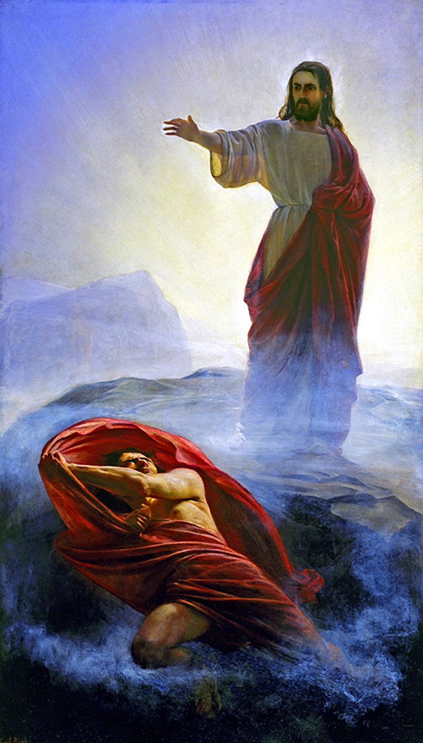 Jesus Casting out Satan by Carl Bloch, with Christ extending an arm above the recoiling tempter