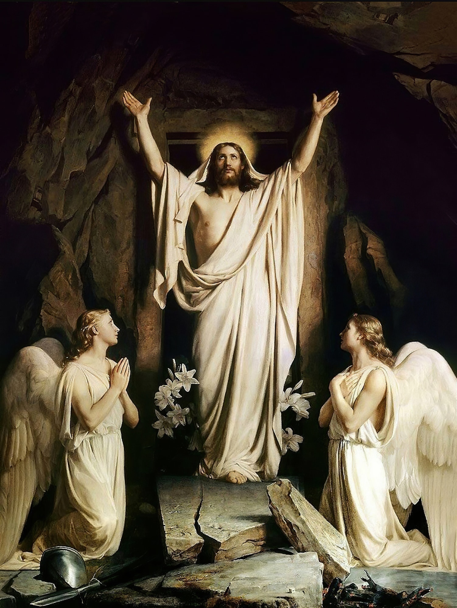 The Resurrection by Carl Bloch, with Christ raising his arms at the tomb between two angels
