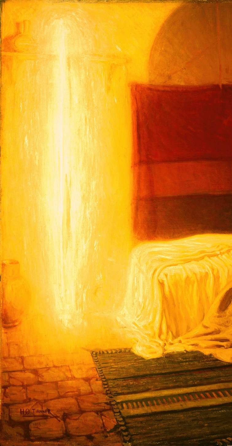 Detail of The Annunciation by Henry Ossawa Tanner (1898): the column of golden light that represents the angel Gabriel, standing at the left side of the room beside the end of the bed.