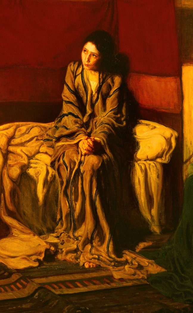Detail of The Annunciation by Henry Ossawa Tanner (1898): Mary, with no halo, sits on the edge of the bed in a striped robe with her hands clasped in her lap.