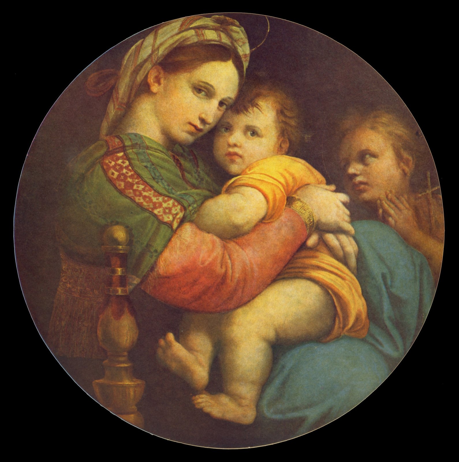 Madonna of the Chair by Raphael, with Mary embracing the child Jesus in a round composition