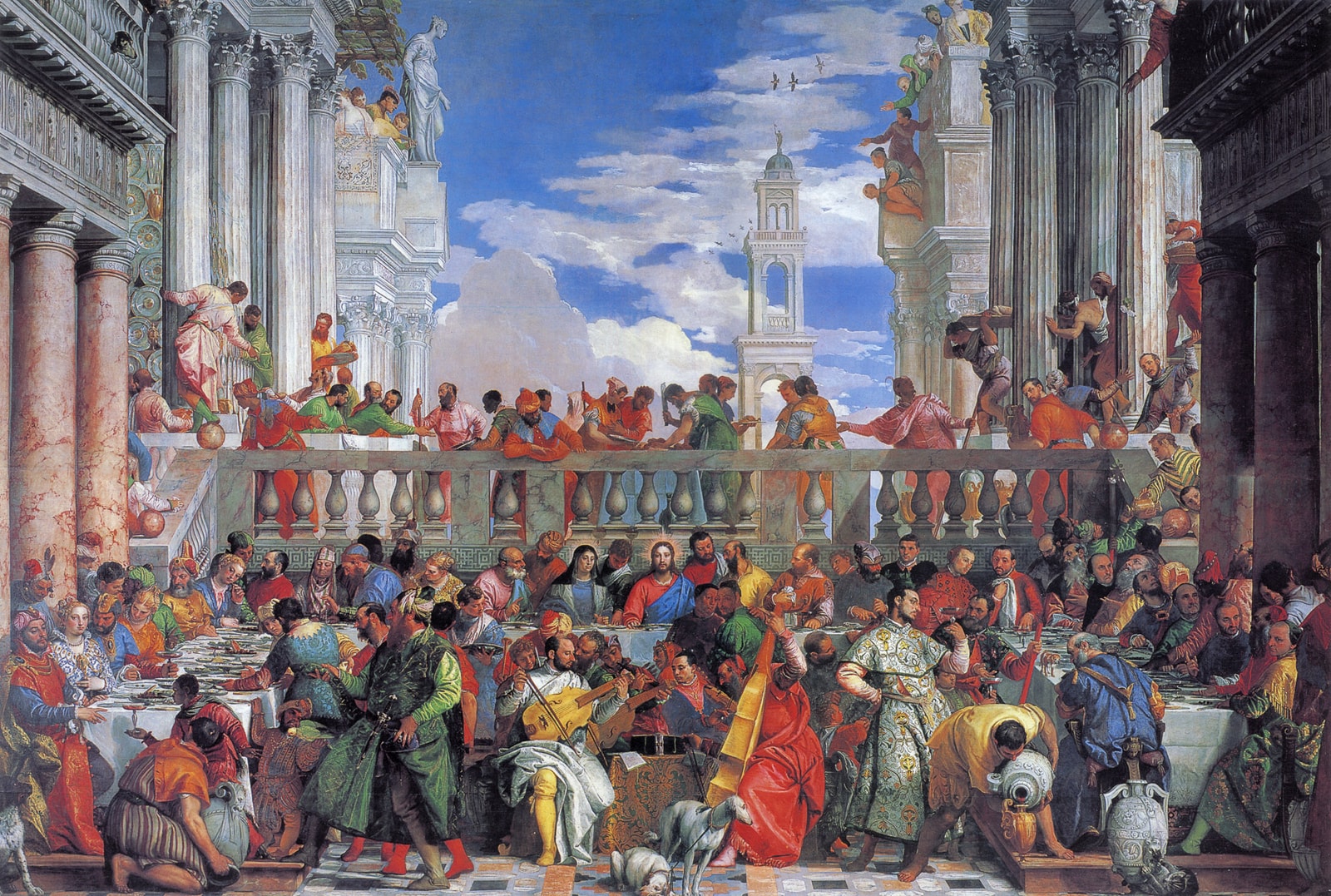 The Wedding at Cana by Paolo Veronese, with Jesus and Mary at the center of a grand banquet beneath marble columns