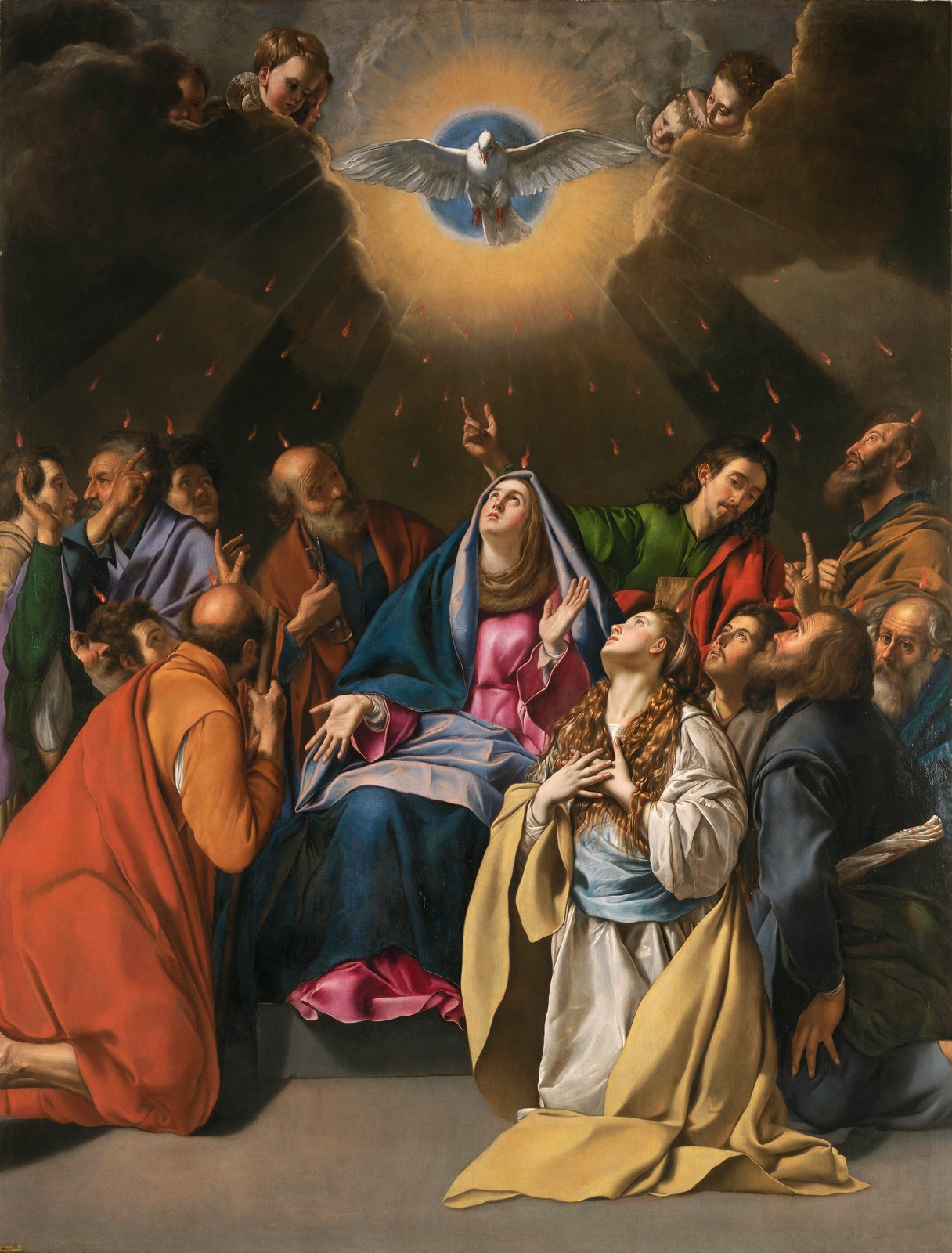 Pentecost by Juan Bautista Maíno, with Mary at the center of the gathered disciples
