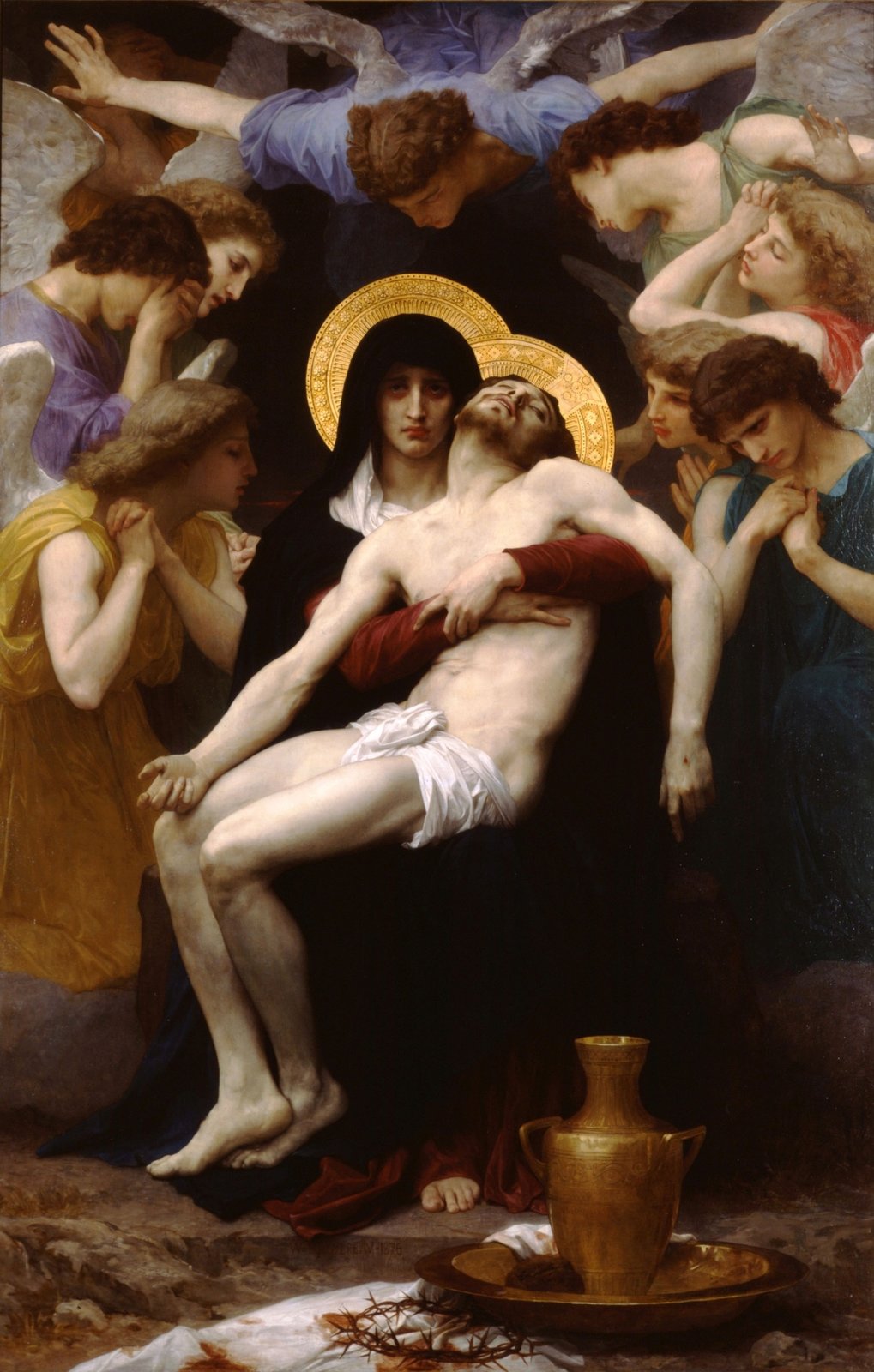 Pietà by William Bouguereau, with Mary looking outward while holding the body of Jesus