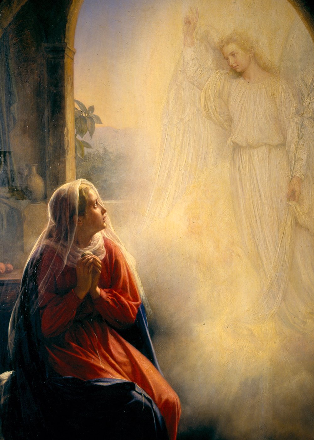 The Annunciation by Carl Bloch, with Mary kneeling before the angel Gabriel