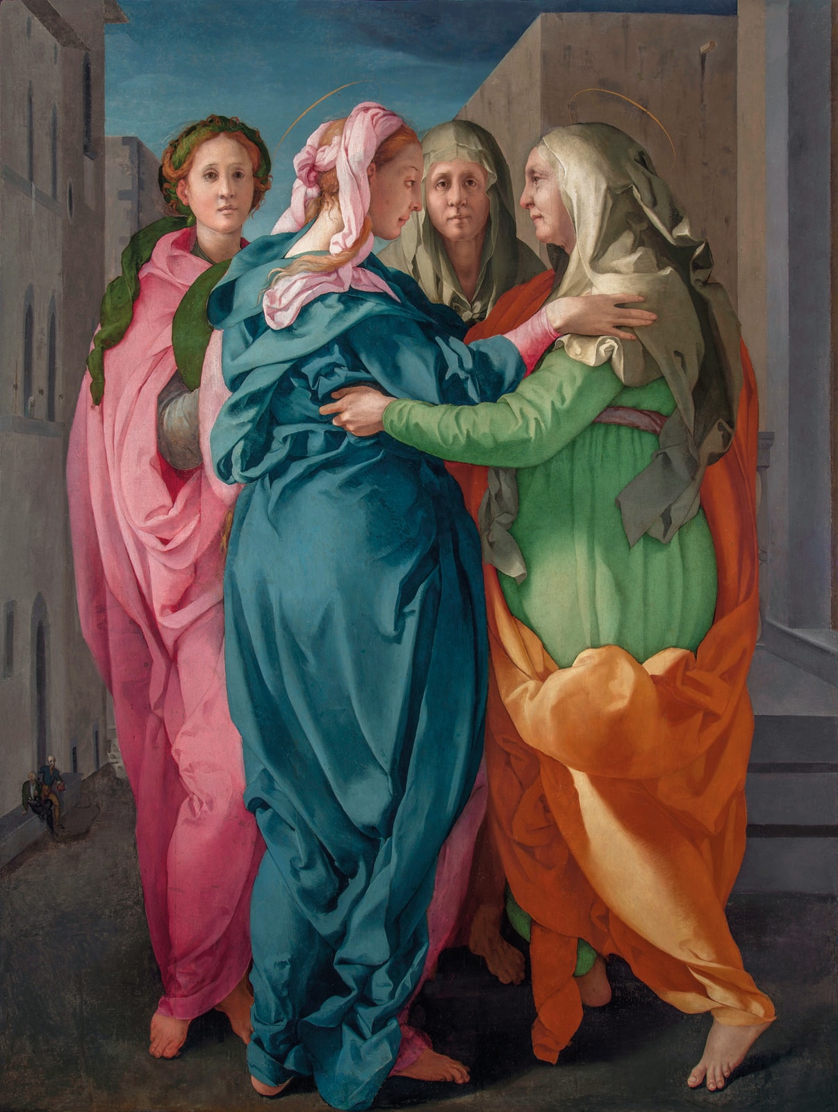 The Visitation by Jacopo Pontormo, with Mary and Elizabeth embracing in brightly colored robes before two attendants
