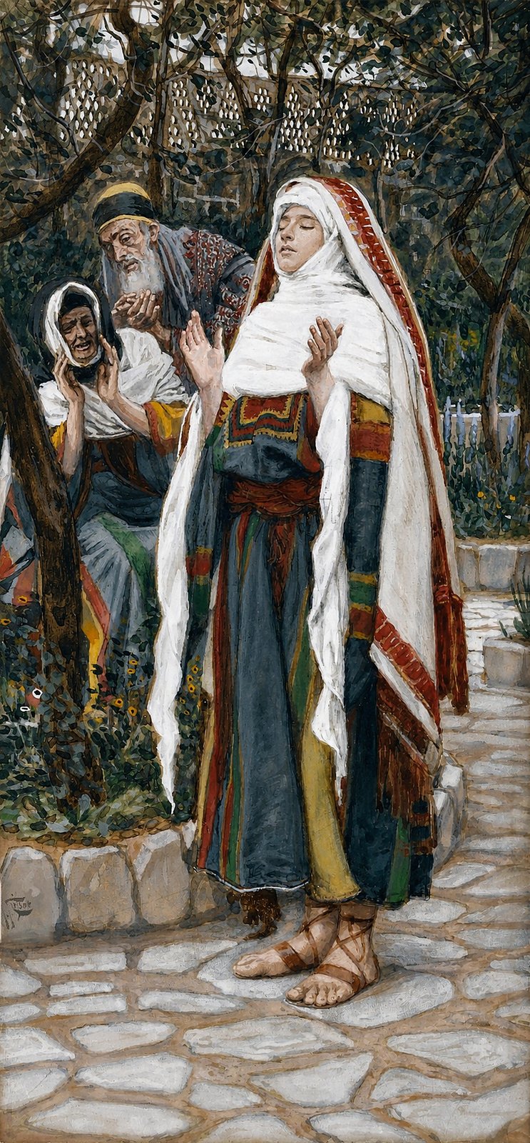 The Magnificat by James Tissot, with Mary standing in prayer in a garden