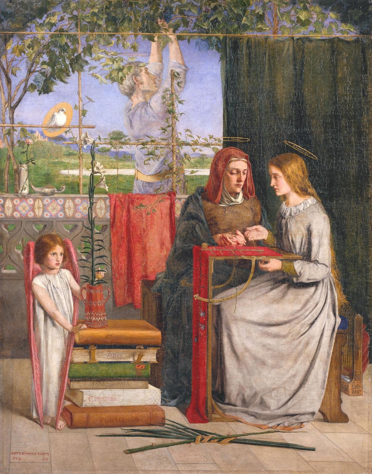 The Girlhood of Mary Virgin by Dante Gabriel Rossetti, with Mary working beside Saint Anne