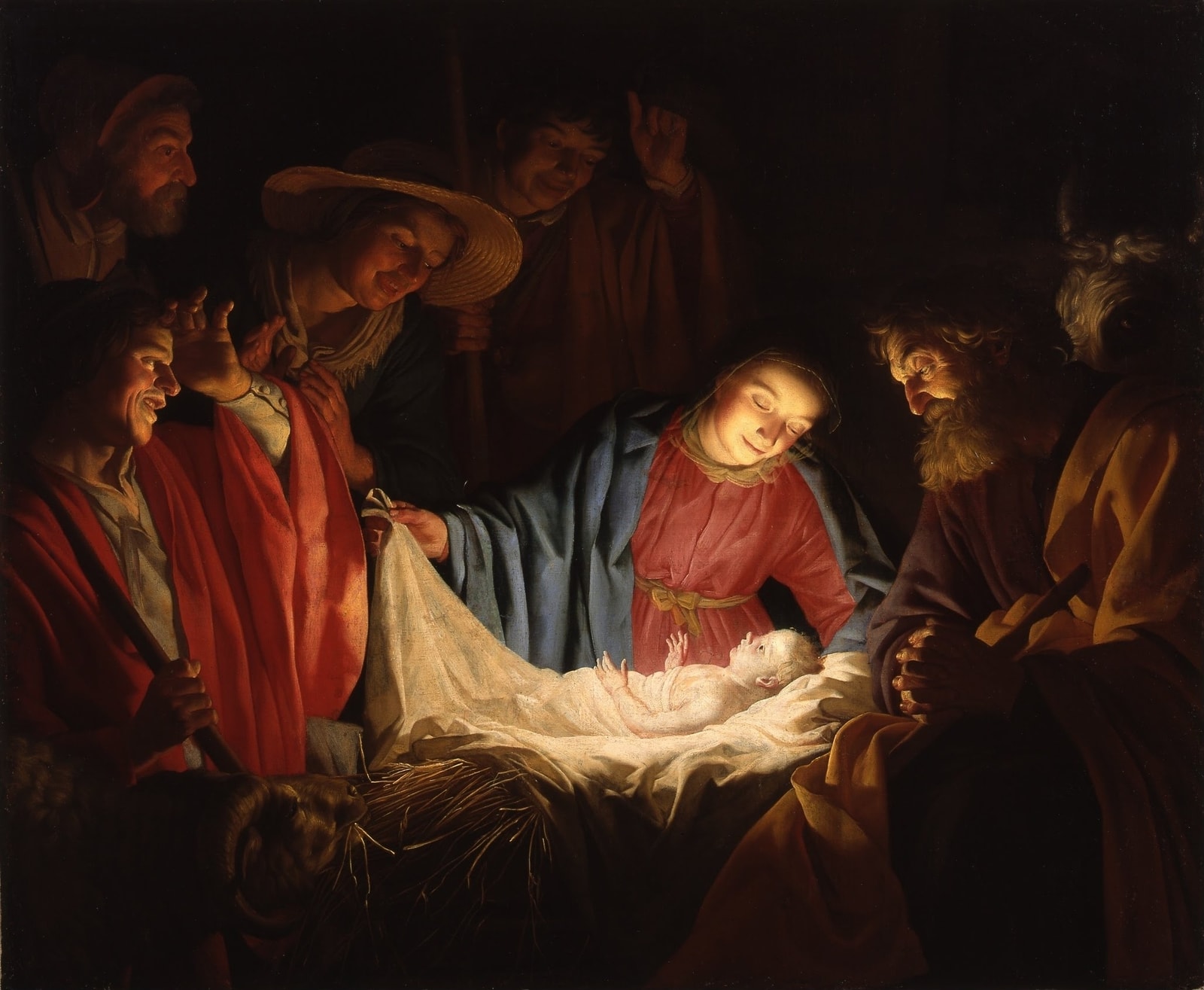 Adoration of the Shepherds by Gerard van Honthorst, with Mary lifting a cloth above the glowing Christ child as the shepherds gather around
