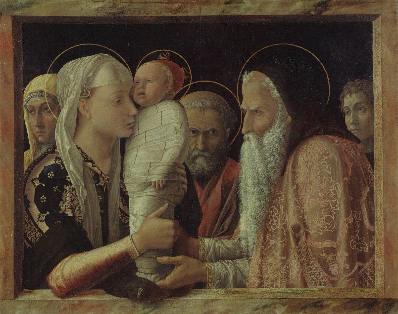 The Presentation at the Temple by Andrea Mantegna, with Mary holding the swaddled Christ child as Simeon reaches for him