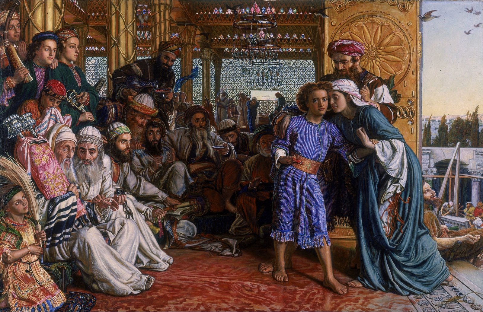 The Finding of the Saviour in the Temple by William Holman Hunt, with Mary embracing the young Jesus