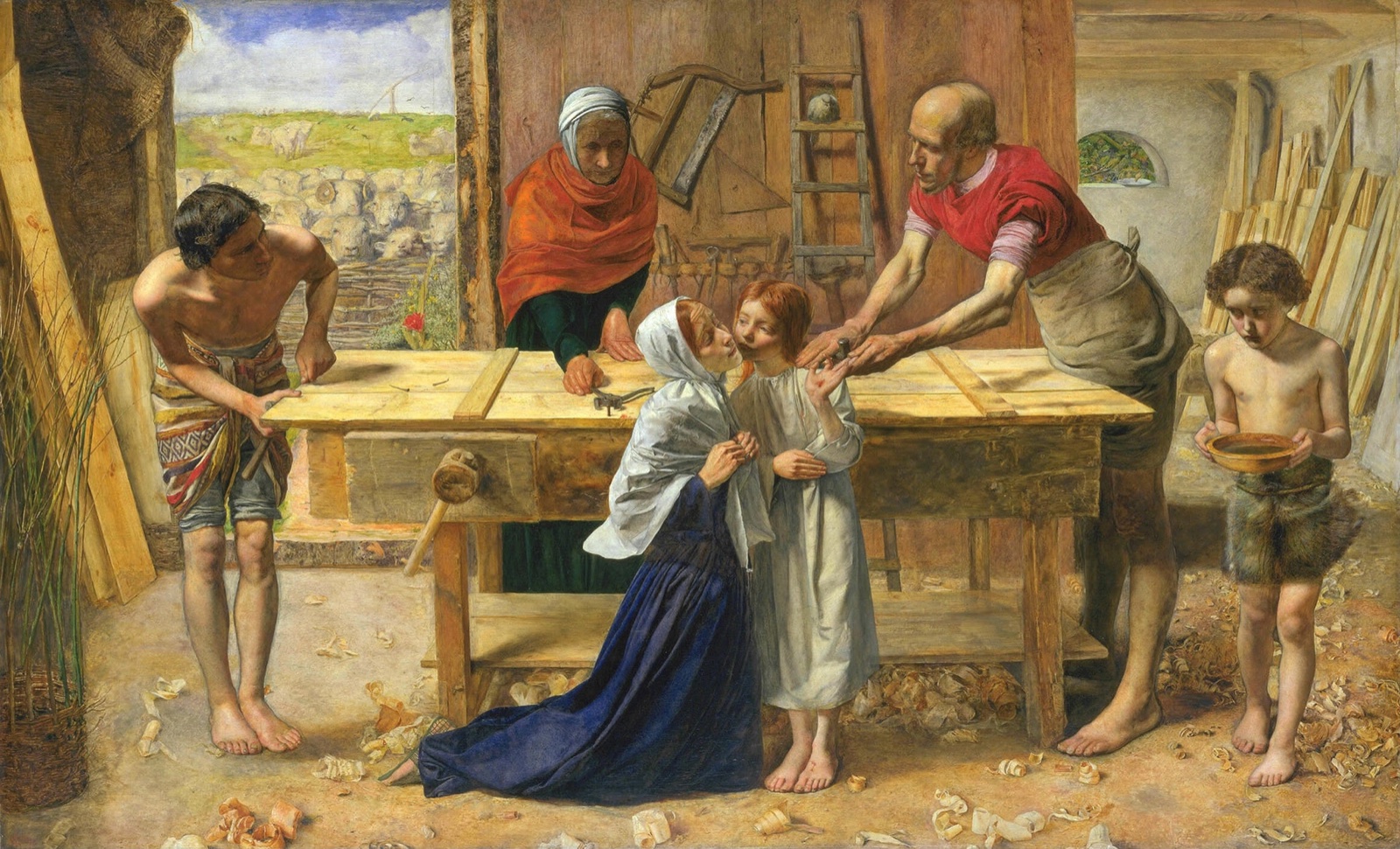 Christ in the House of His Parents by John Everett Millais, imagining the young Jesus in Joseph's carpenter shop