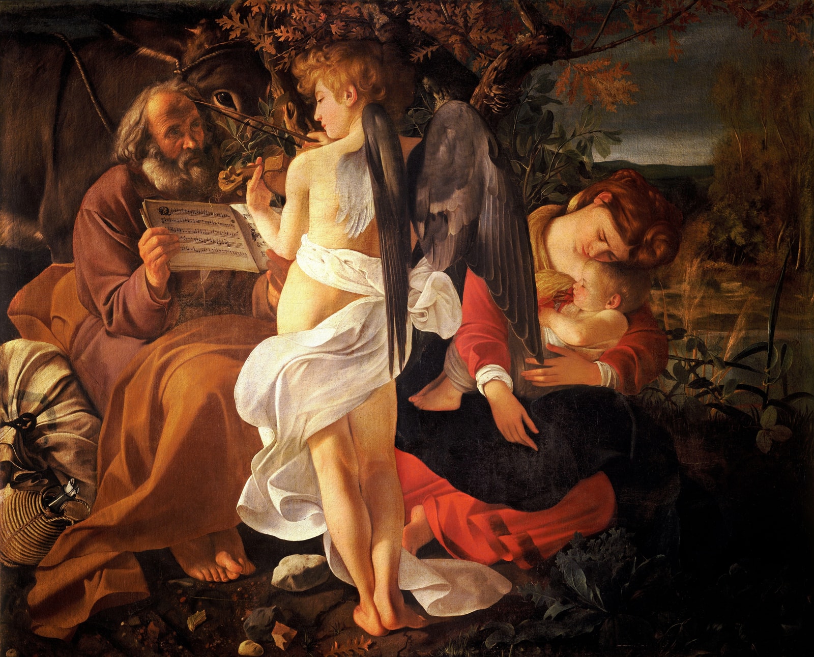 Rest on the Flight into Egypt by Caravaggio, with Mary asleep holding Jesus and Joseph holding music for a violin-playing angel