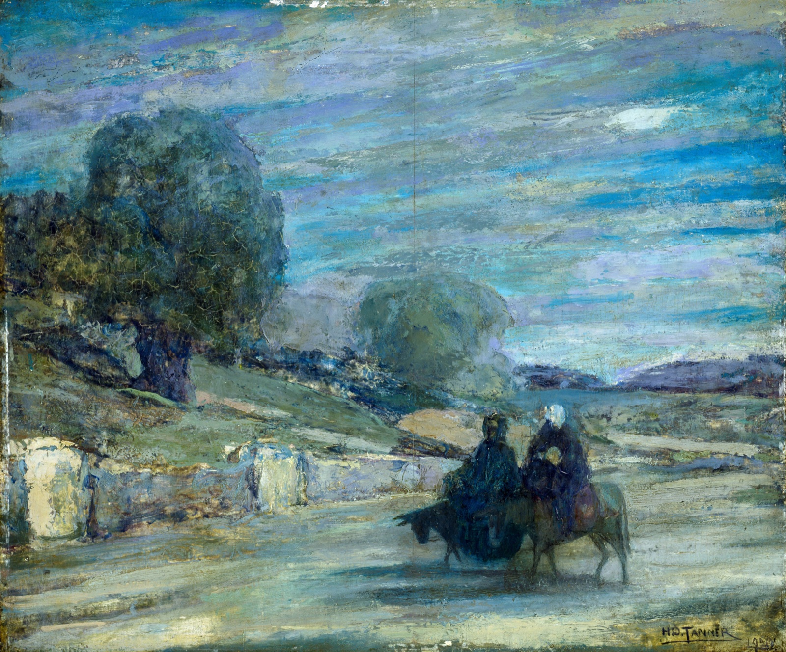 Flight into Egypt by Henry Ossawa Tanner, with the Holy Family crossing a blue nocturnal landscape