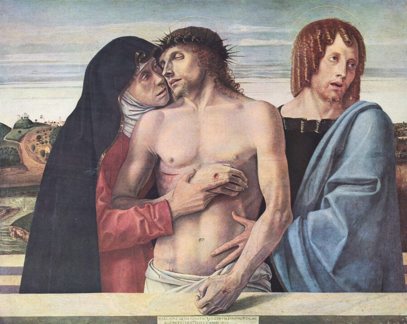 Pietà by Giovanni Bellini, with Mary supporting Christ’s wounded hand and John helping hold his body upright