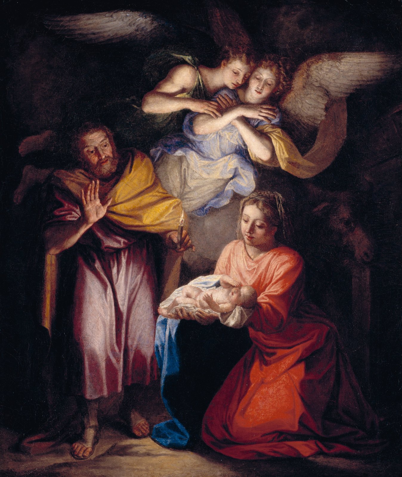 Nativity by Noël Coypel, with Mary adoring the infant Jesus as Joseph holds a candle
