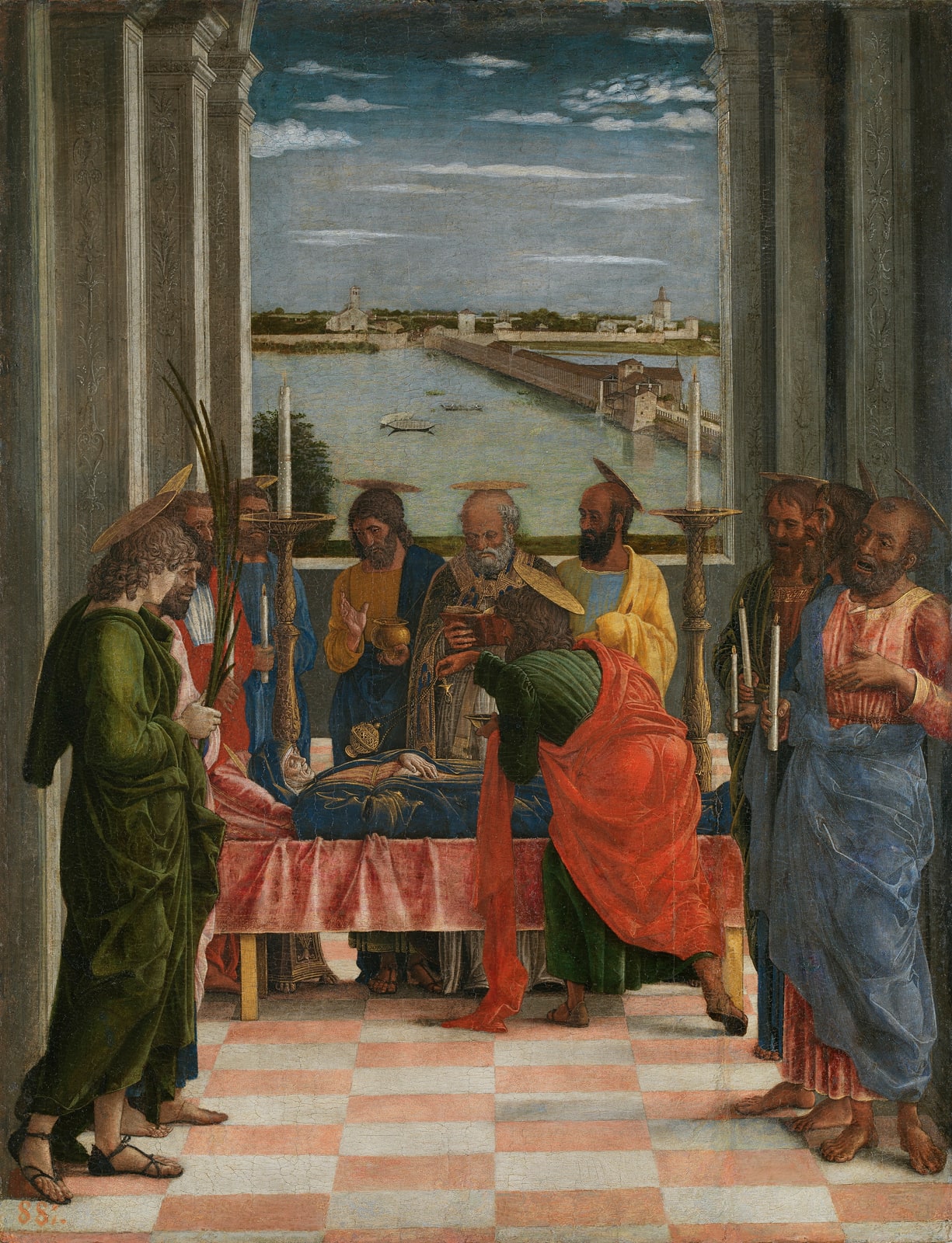 The Death of the Virgin by Andrea Mantegna, with the apostles gathered around Mary’s bed before a window overlooking a lake and bridge