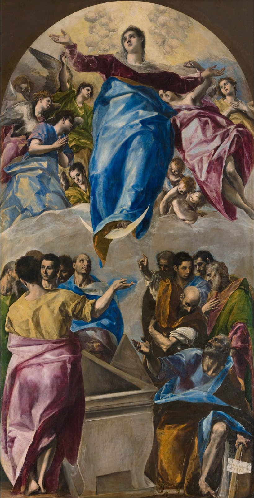 The Assumption of the Virgin by El Greco, with Mary in red and blue rising above apostles gathered around an open tomb, with angels and a crescent moon beneath her