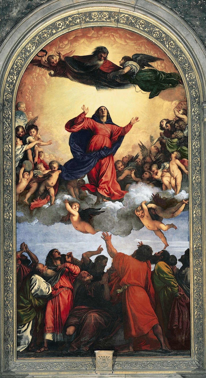 The Assumption of the Virgin by Titian, with Mary rising above the apostles