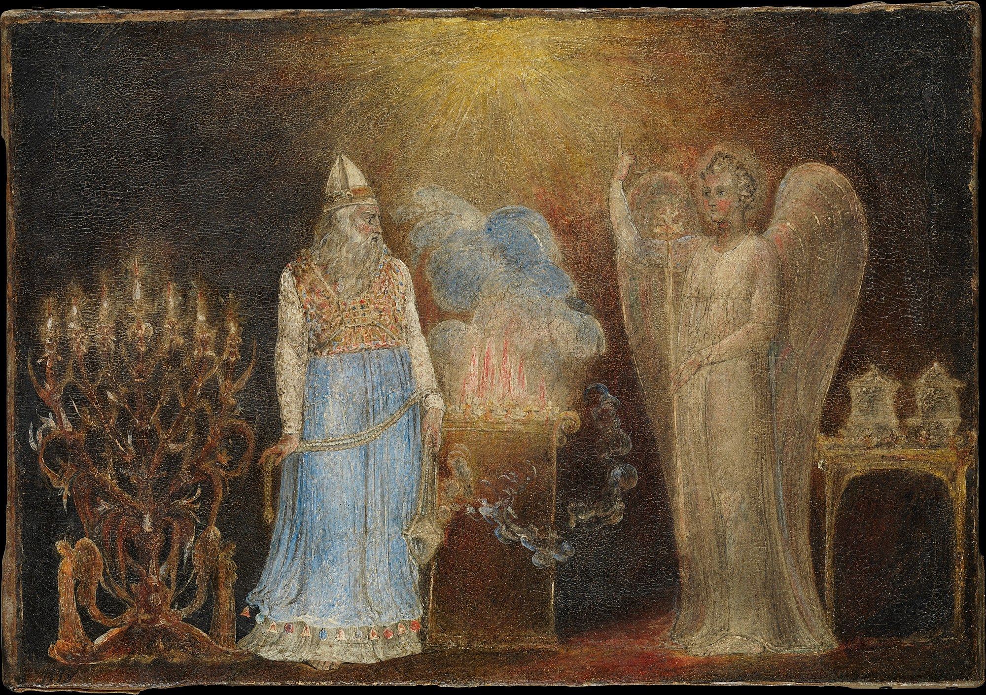 An elderly Zechariah in a blue robe stands beside a smoking incense altar, with a winged angel at the right and a seven-branched lampstand at the left.