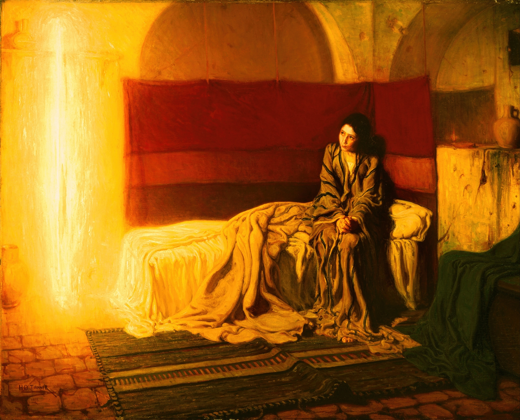Mary sits on the edge of a bed in a simple room, looking toward a brilliant vertical shaft of light at the left.