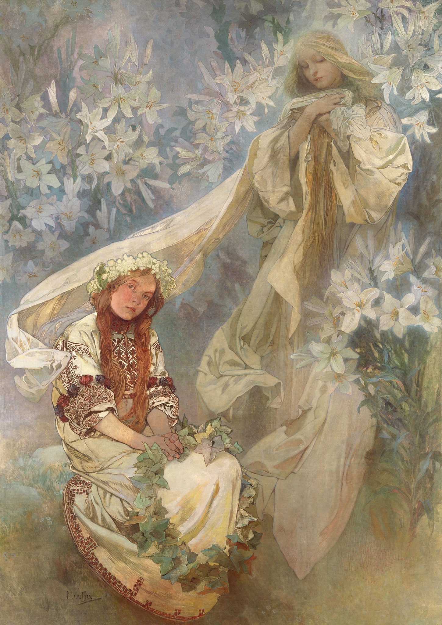 A pale, standing Madonna appears among tall white lilies above a seated girl in Slavic folk dress, with an ivy garland across her lap.