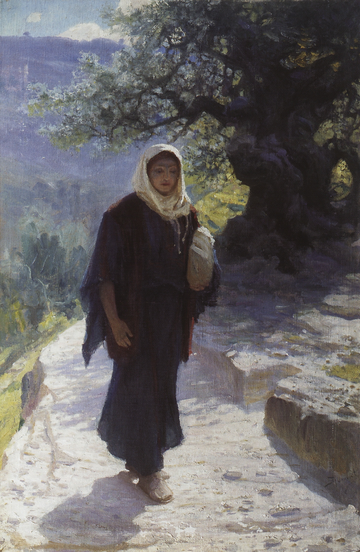 Mary walks alone toward the viewer on a stony hillside path, wearing a brown robe and white head covering beneath an overhanging tree.