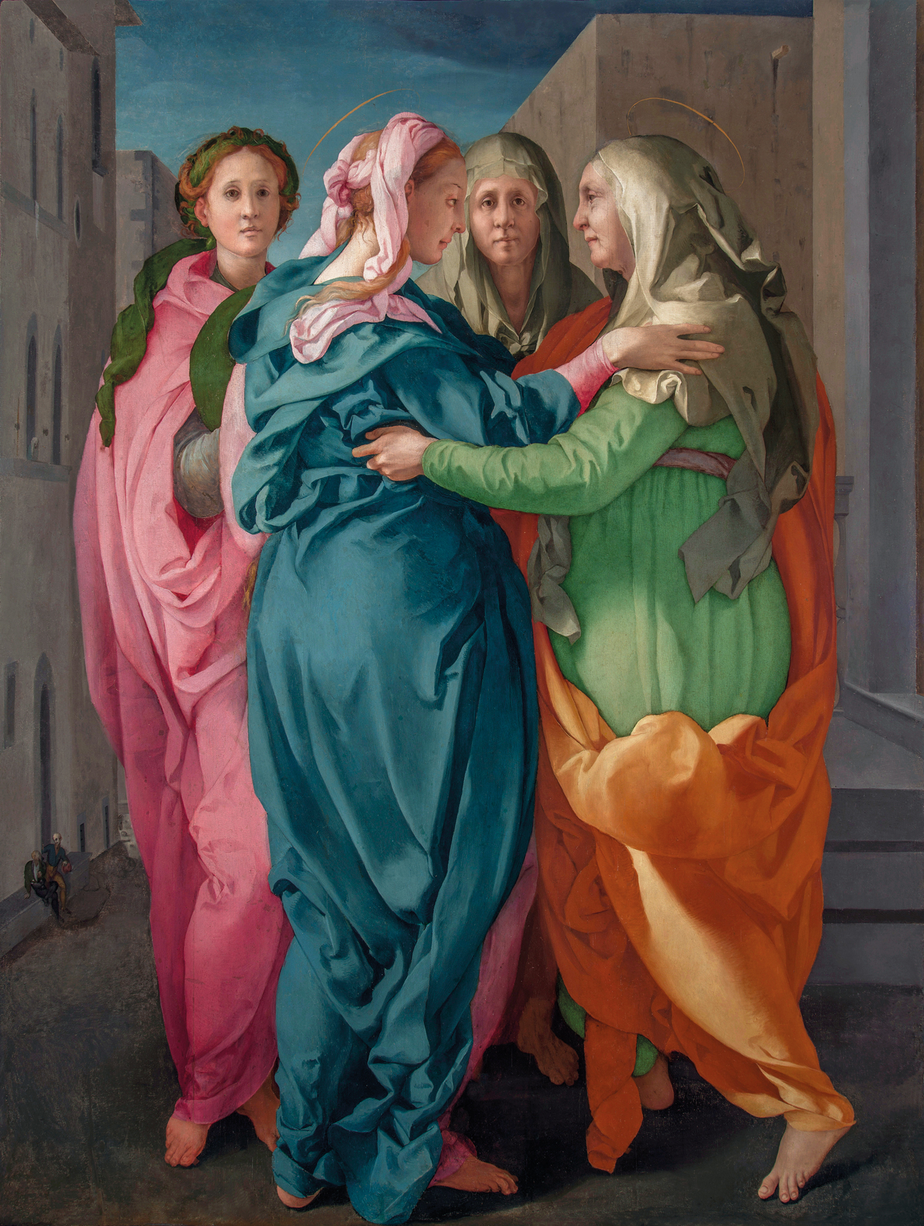 Mary and Elizabeth face each other and embrace in vivid blue, pink, green, and orange robes, with two women standing behind them.